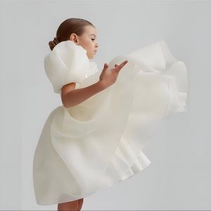 White Flower Girl Dress, Baby Girl Puff Sleeve